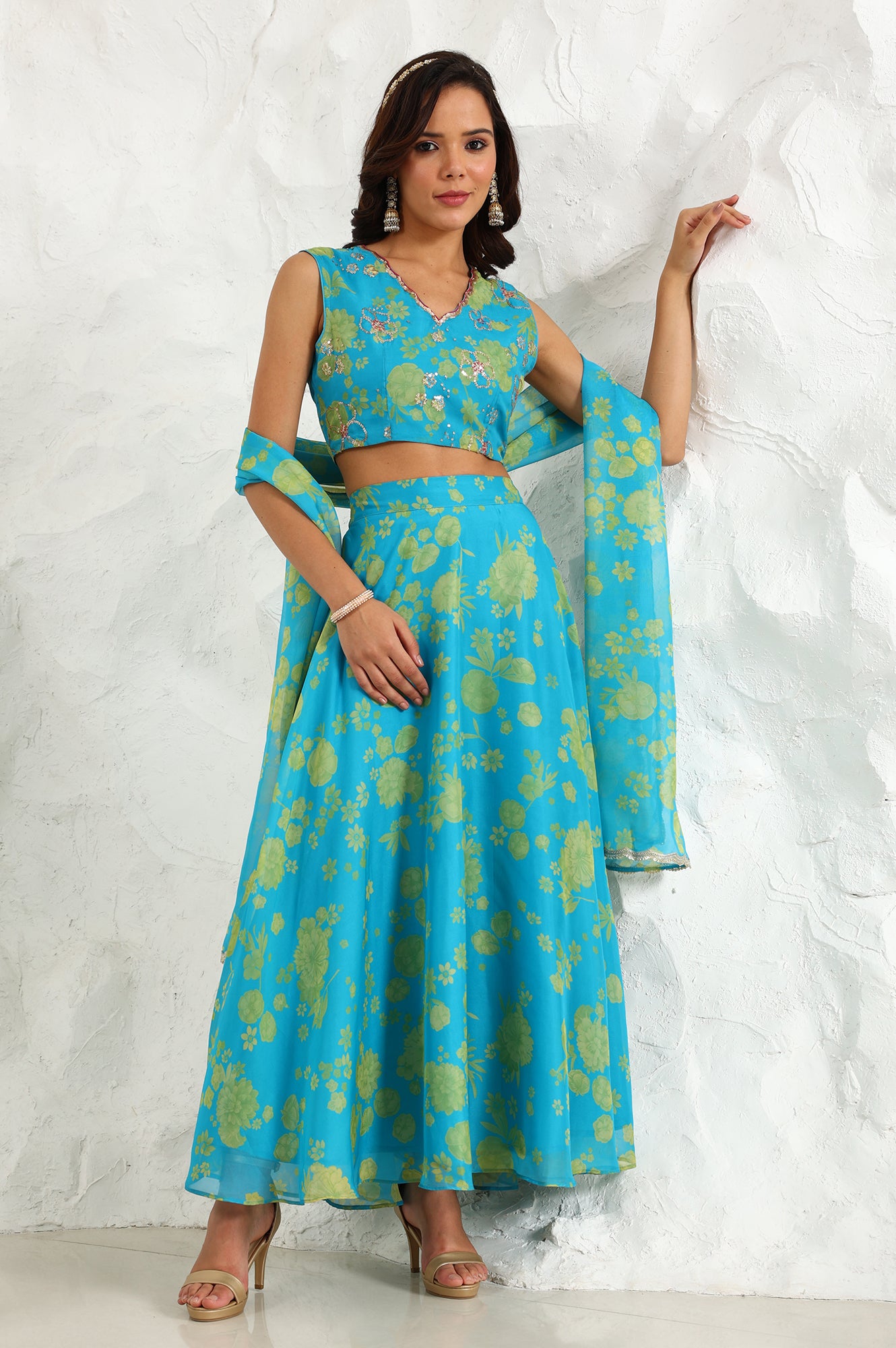 Capri Blue Breezy Floral Printed Sequined Sleeveless Crop Top, Flared Skirt Set With Dupatta Set - wforwoman