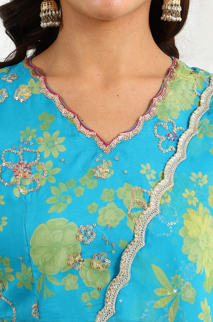 Capri Blue Breezy Floral Printed Sequined Sleeveless Crop Top, Flared Skirt Set With Dupatta Set - wforwoman