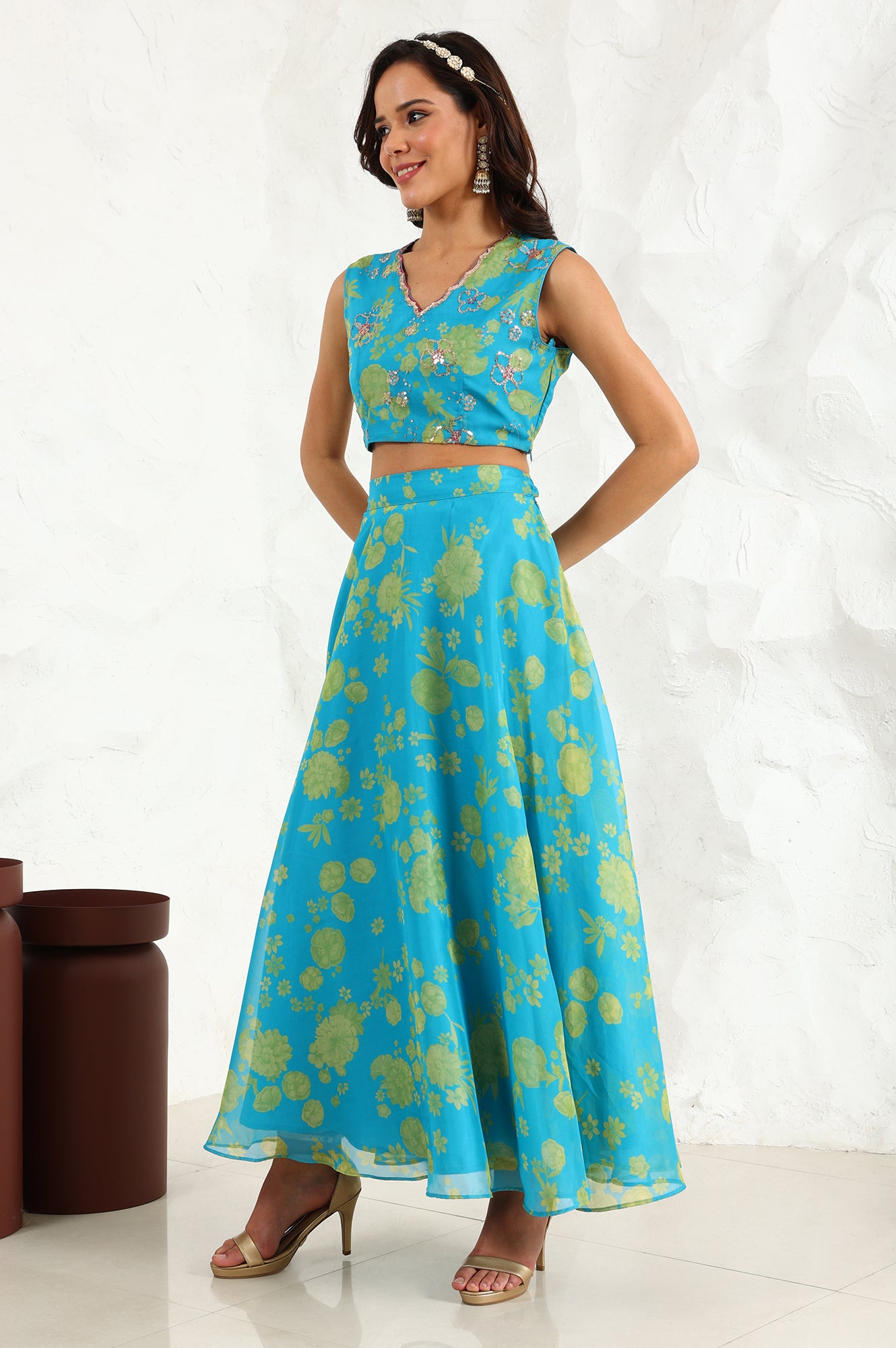 Capri Blue Breezy Floral Printed Sequined Sleeveless Crop Top, Flared Skirt Set With Dupatta Set - wforwoman