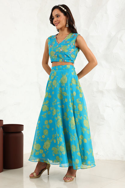 Capri Blue Breezy Floral Printed Sequined Sleeveless Crop Top, Flared Skirt Set With Dupatta Set - wforwoman
