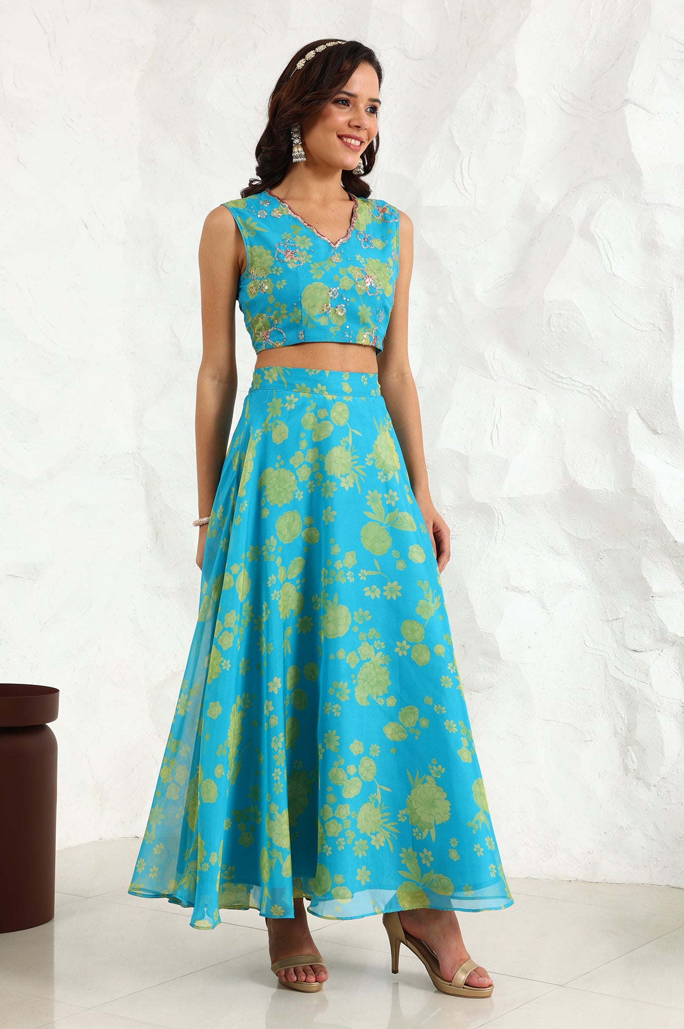 Capri Blue Breezy Floral Printed Sequined Sleeveless Crop Top, Flared Skirt Set With Dupatta Set - wforwoman