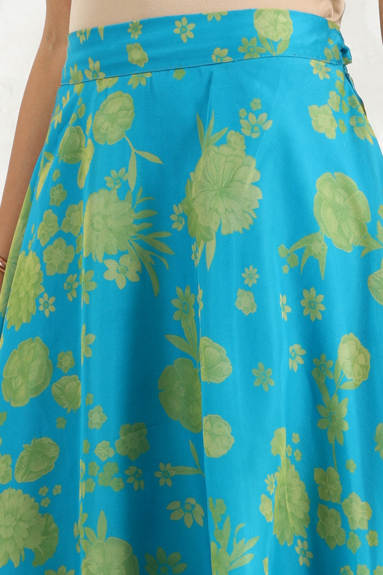 Capri Blue Breezy Floral Printed Sequined Sleeveless Crop Top, Flared Skirt Set With Dupatta Set