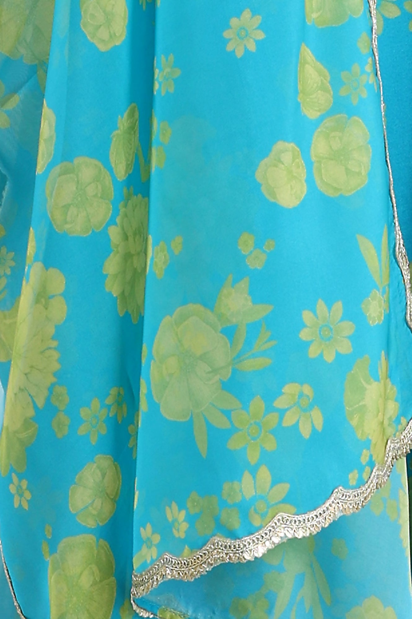 Capri Blue Breezy Floral Printed Sequined Sleeveless Crop Top, Flared Skirt Set With Dupatta Set