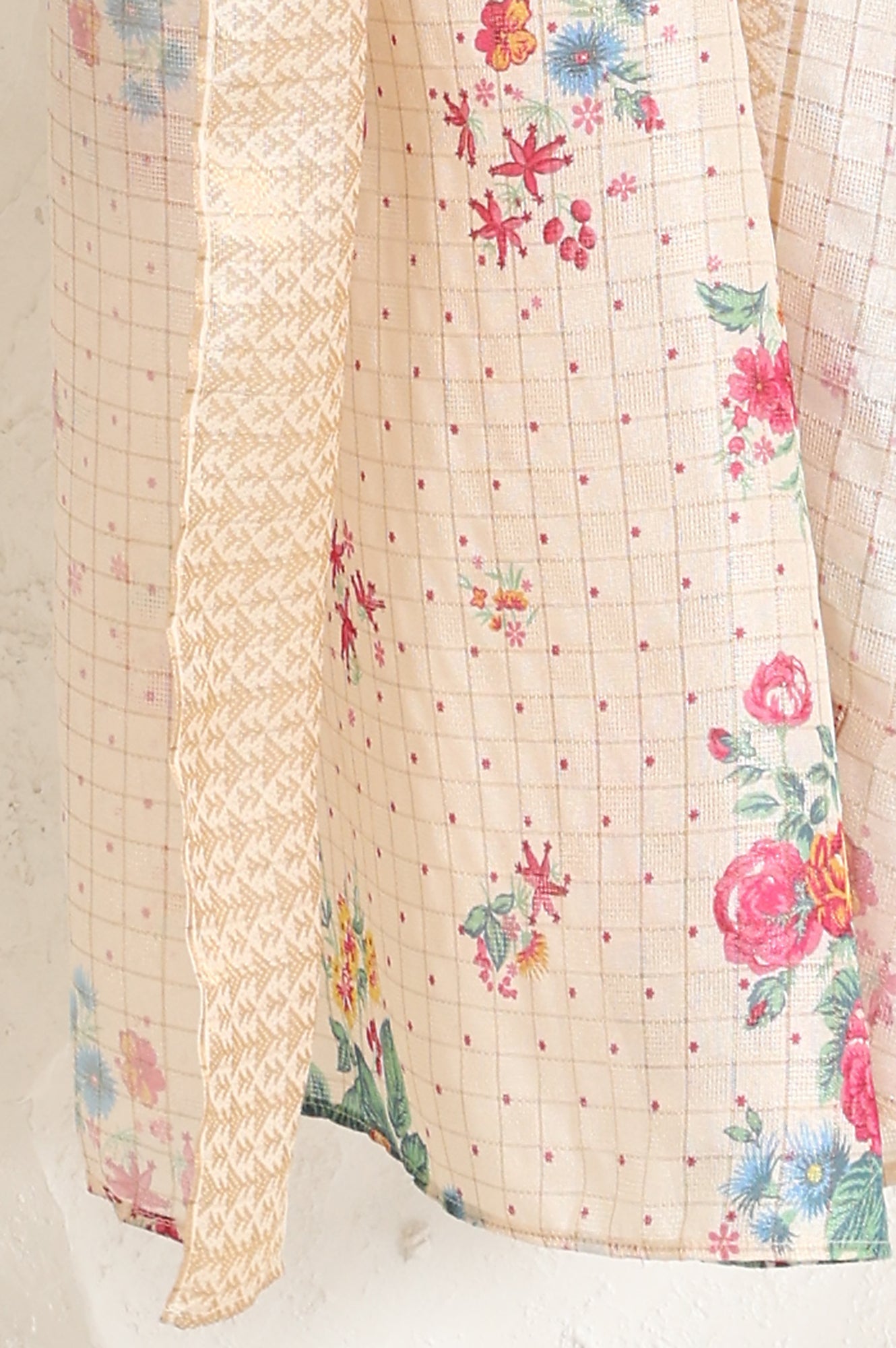 Beige Floral Embroidered Chanderi Straight Kurta, Pants And Dupatta Set