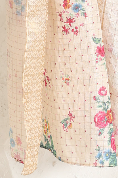 Beige Floral Embroidered Chanderi Straight Kurta, Pants And Dupatta Set