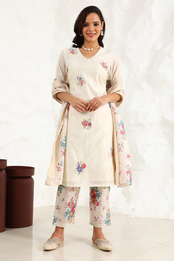 Beige Floral Embroidered Chanderi Straight Kurta, Pants And Dupatta Set