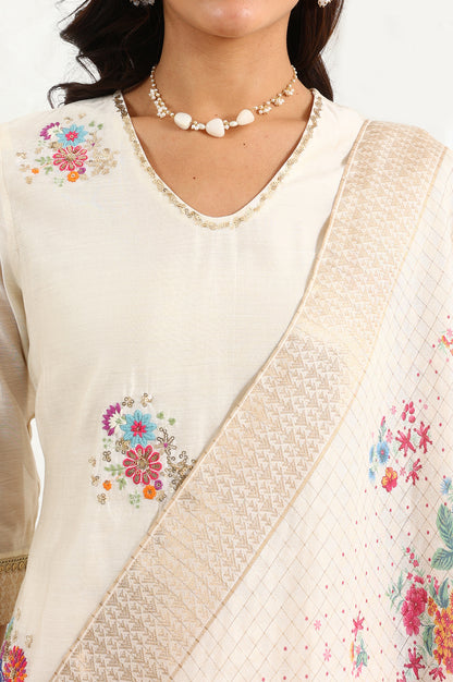 Beige Floral Embroidered Chanderi Straight Kurta, Pants And Dupatta Set - wforwoman