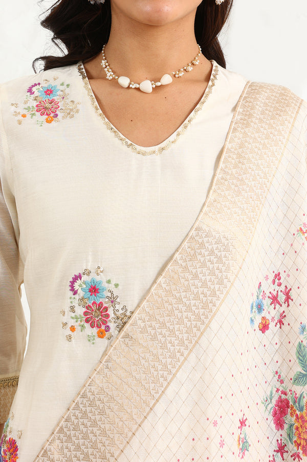 Beige Floral Embroidered Chanderi Straight Kurta, Pants And Dupatta Set