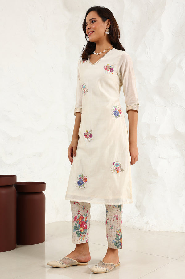 Beige Floral Embroidered Chanderi Straight Kurta, Pants And Dupatta Set