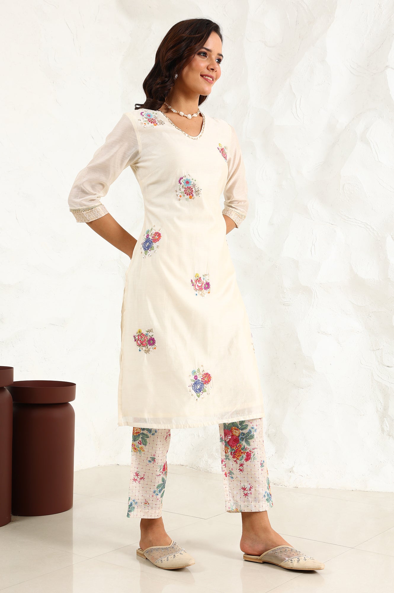 Beige Floral Embroidered Chanderi Straight Kurta, Pants And Dupatta Set - wforwoman
