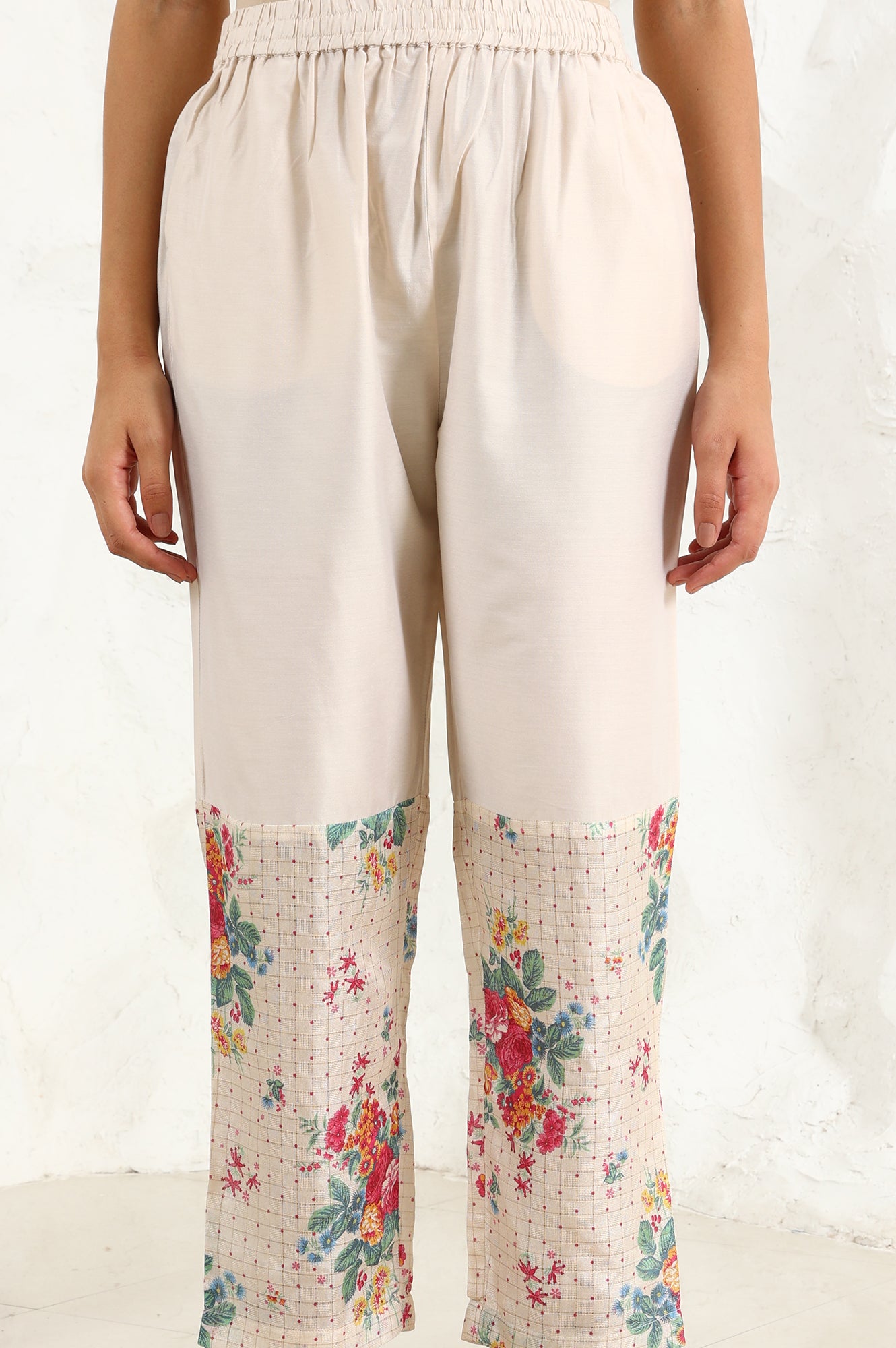 Beige Floral Embroidered Chanderi Straight Kurta, Pants And Dupatta Set