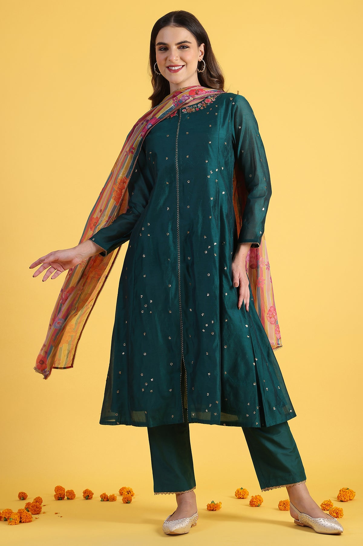 Green Solid SequinsFlared Kurta & Straight pant with Dupatta Set - XS