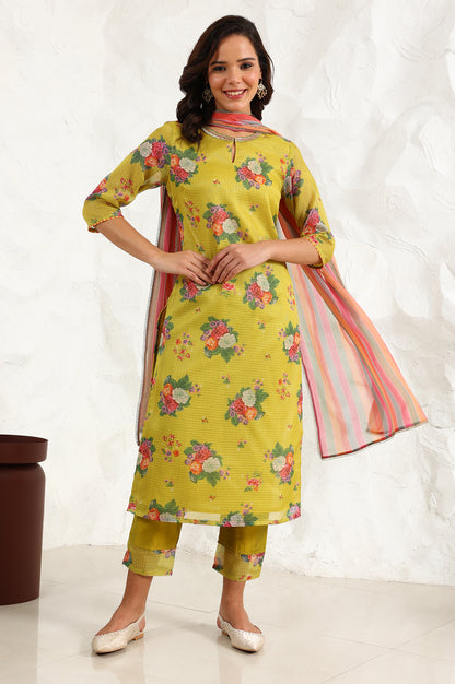 Celery Green Floral Printed Sequined Kota Straight Kurta, Slim Pants And Dupatta Set - wforwoman