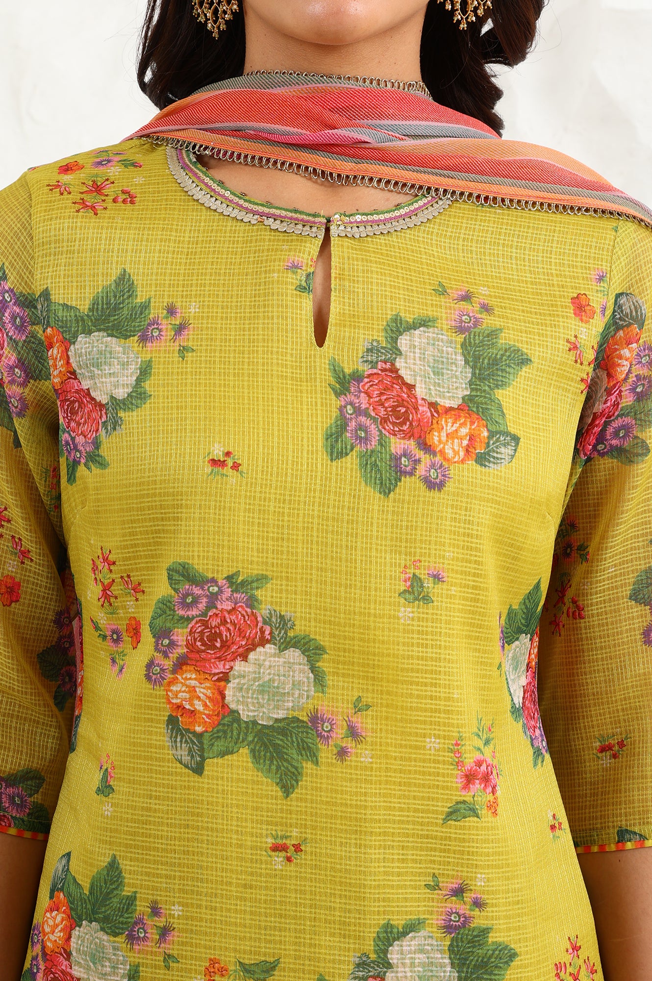 Celery Green Floral Printed Sequined Kota Straight Kurta, Slim Pants And Dupatta Set - wforwoman