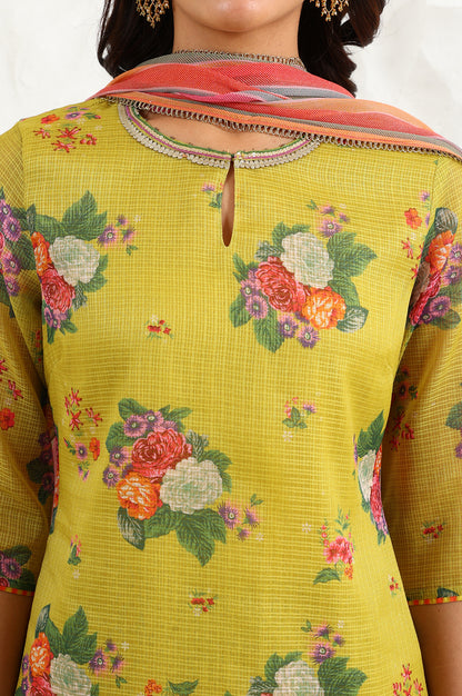 Celery Green Floral Printed Sequined Kota Straight Kurta, Slim Pants And Dupatta Set - wforwoman