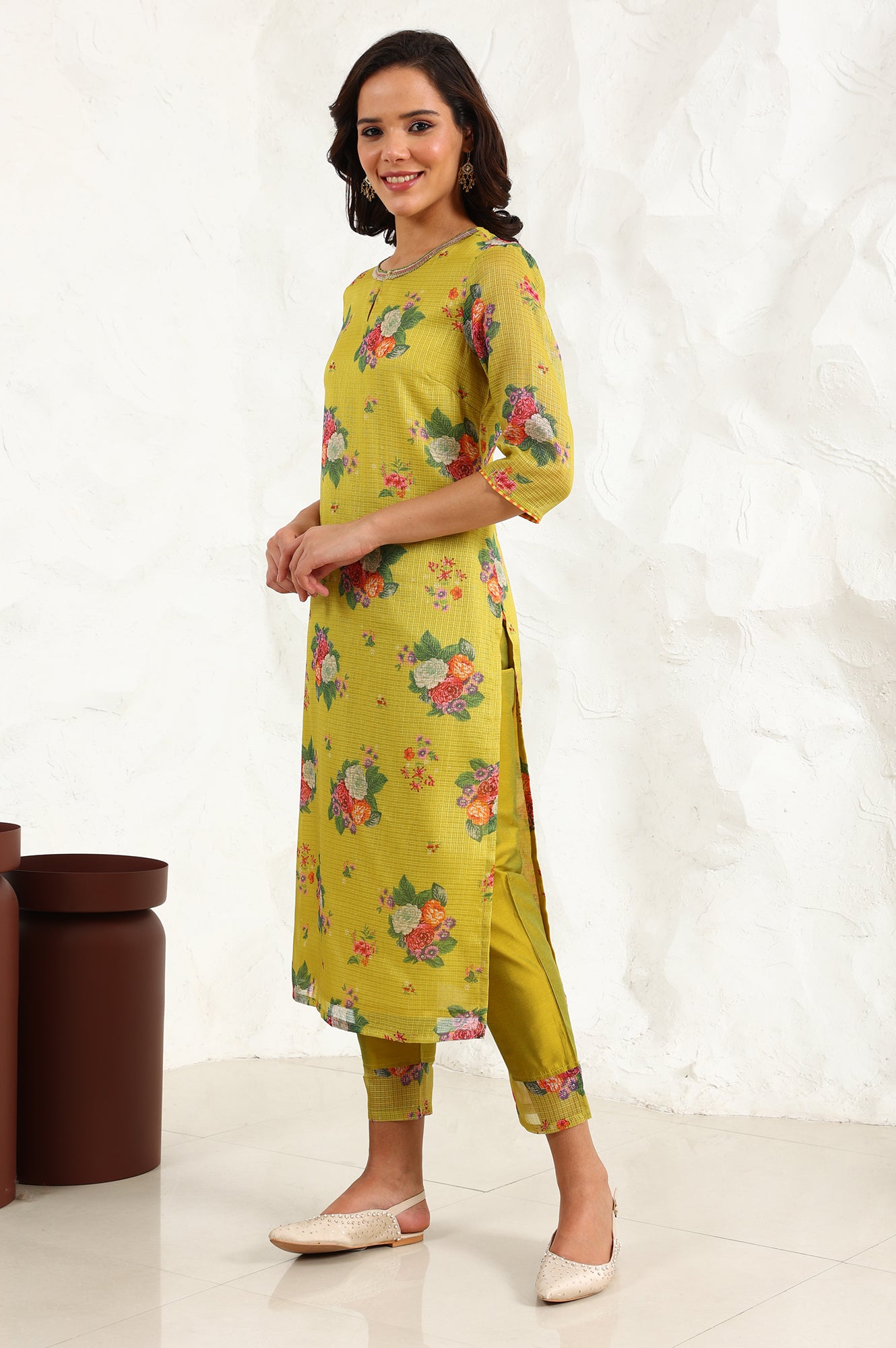 Celery Green Floral Printed Sequined Kota Straight Kurta, Slim Pants And Dupatta Set - wforwoman