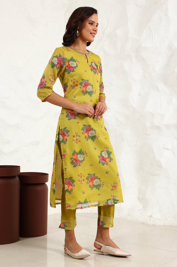 Celery Green Floral Printed Sequined Kota Straight Kurta, Slim Pants And Dupatta Set
