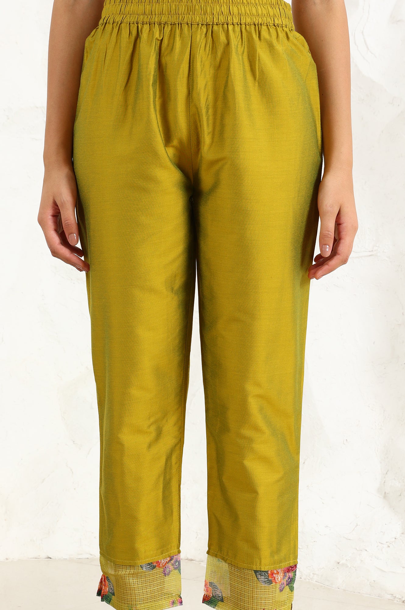 Celery Green Floral Printed Sequined Kota Straight Kurta, Slim Pants And Dupatta Set