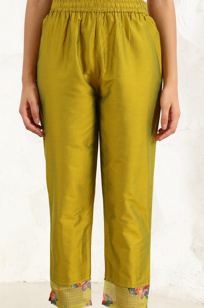 Celery Green Floral Printed Sequined Kota Straight Kurta, Slim Pants And Dupatta Set