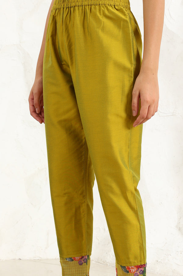 Celery Green Floral Printed Sequined Kota Straight Kurta, Slim Pants And Dupatta Set