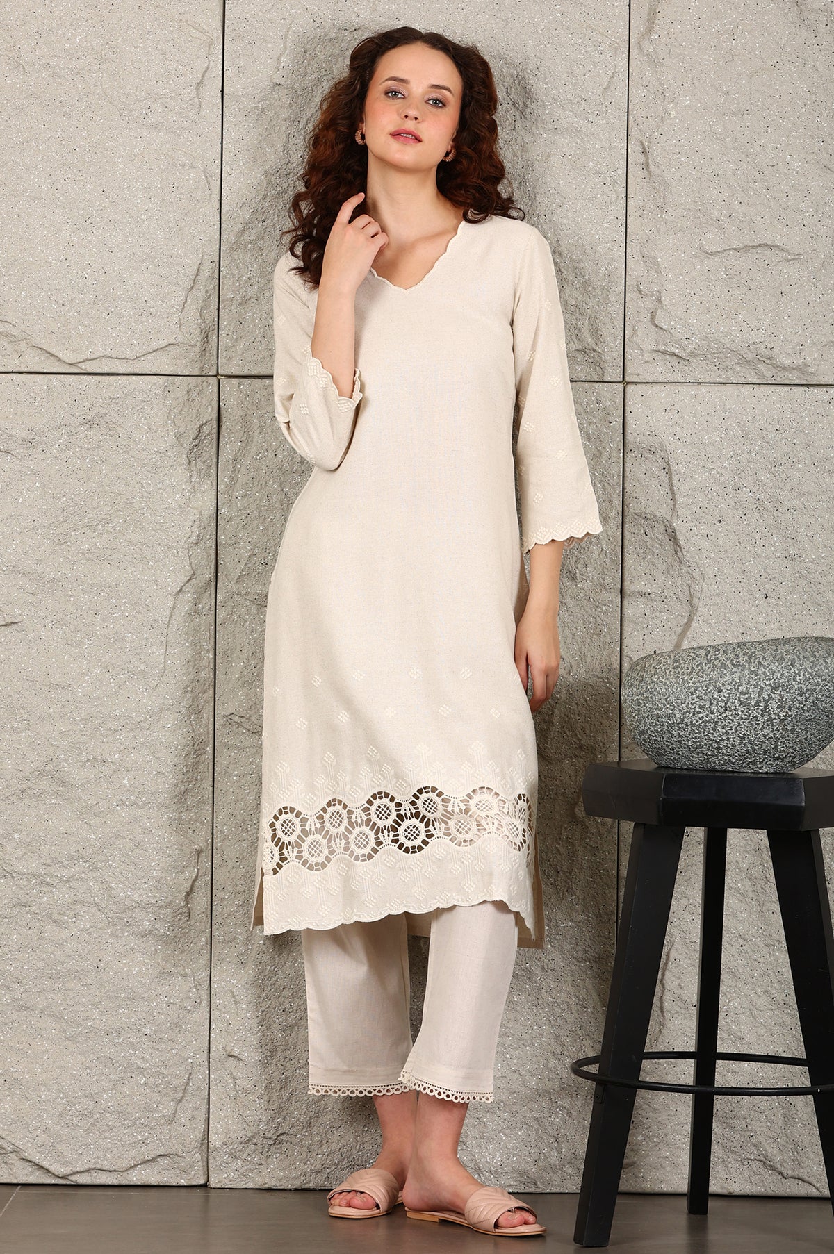 Light Beige Thread Embroidered Linen Rayon Crepe Straight Kurta And Pants Set - XS