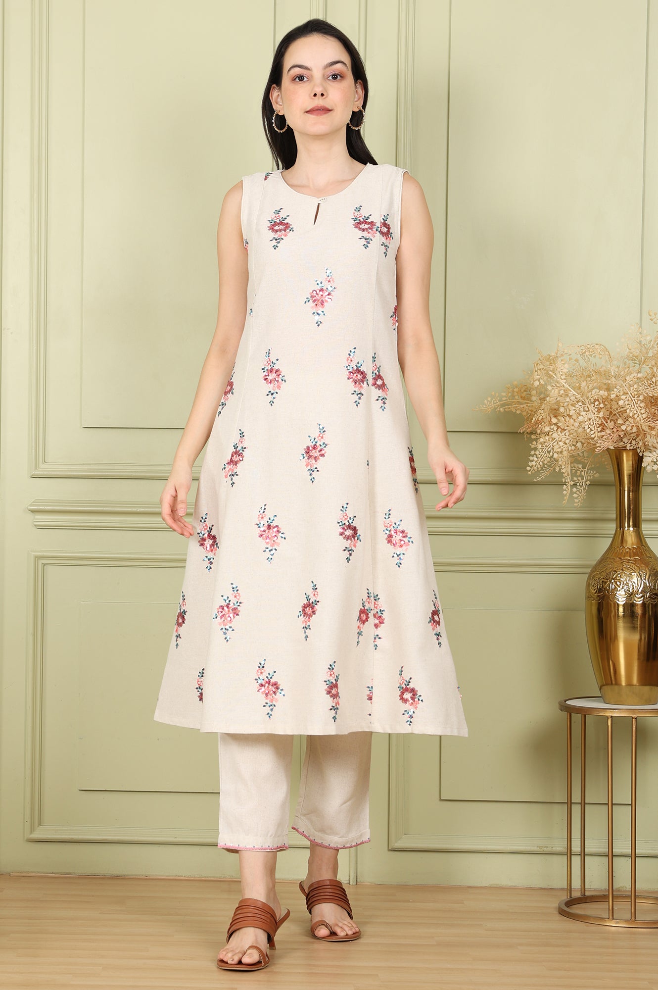 Beige Sleeveless Panelled Floral Sequined Linen Blend Flared Kurta With Straight Pants Set - wforwoman