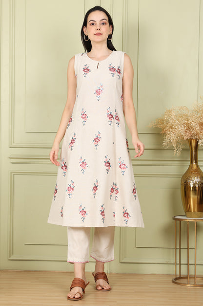 Beige Sleeveless Panelled Floral Sequined Linen Blend Flared Kurta With Straight Pants Set - wforwoman