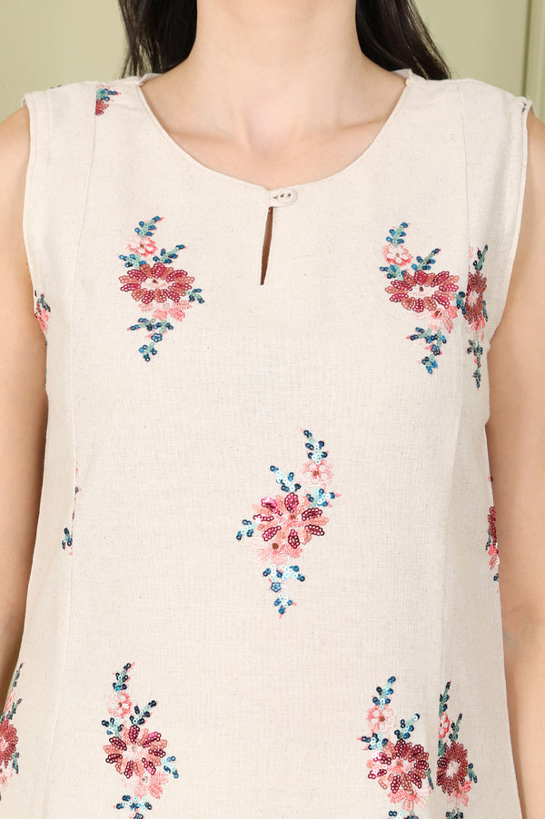 Beige Sleeveless Panelled Floral Sequined Linen Blend Flared Kurta With Straight Pants Set