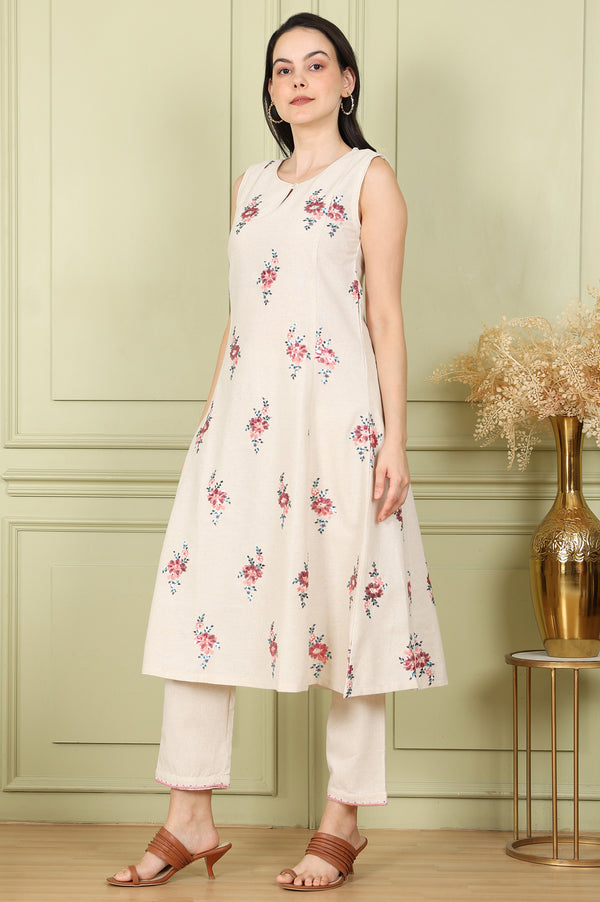 Beige Sleeveless Panelled Floral Sequined Linen Blend Flared Kurta With Straight Pants Set