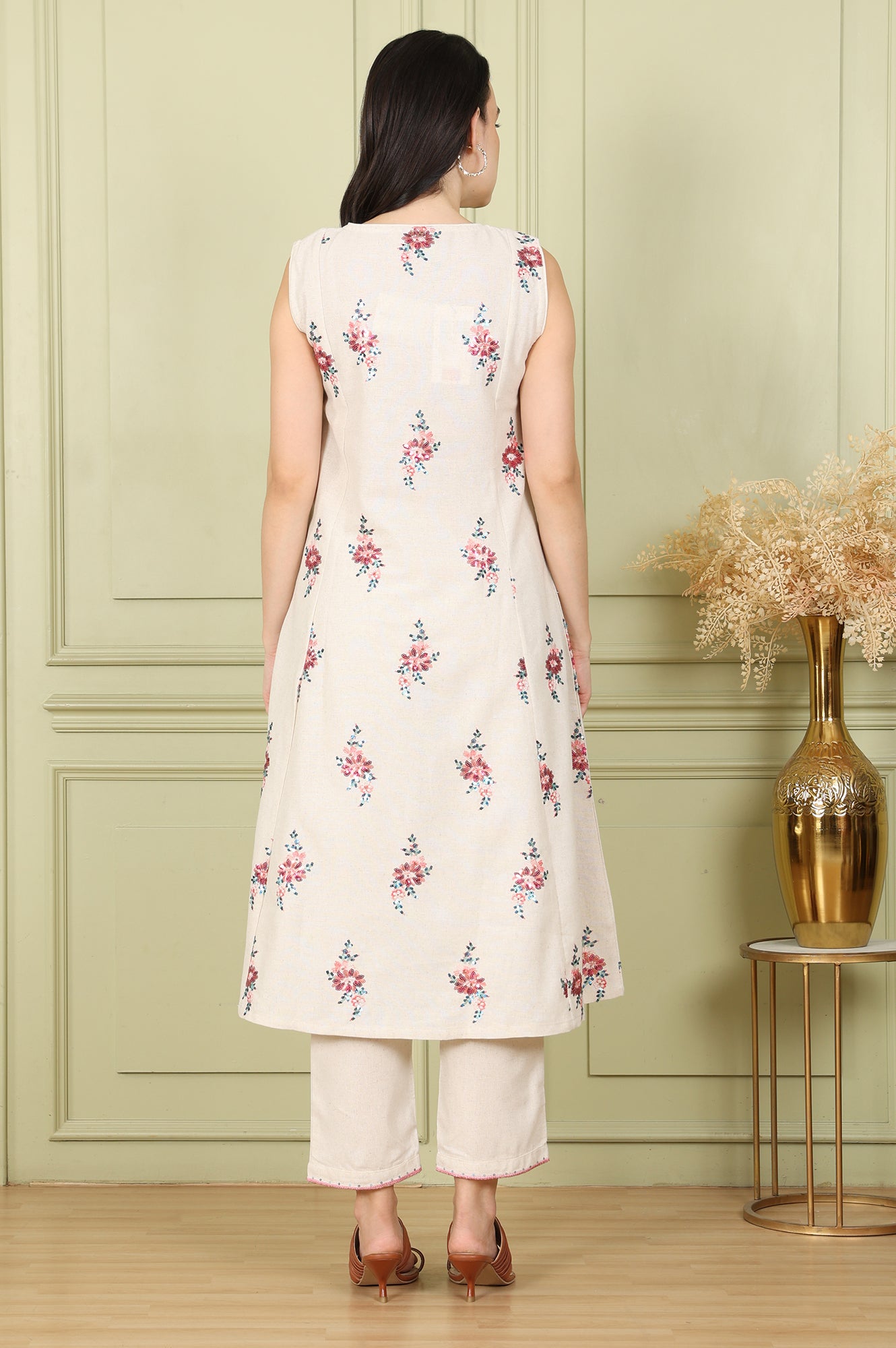 Beige Sleeveless Panelled Floral Sequined Linen Blend Flared Kurta With Straight Pants Set - wforwoman