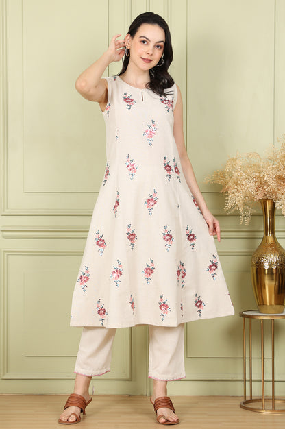 Beige Sleeveless Panelled Floral Sequined Linen Blend Flared Kurta With Straight Pants Set - wforwoman