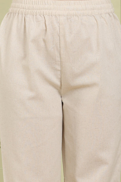 Beige Sleeveless Panelled Floral Sequined Linen Blend Flared Kurta With Straight Pants Set - wforwoman