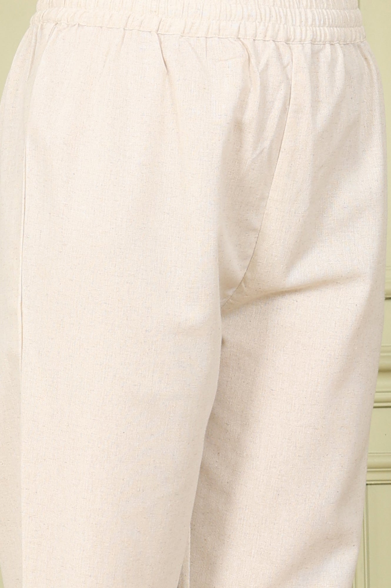 Beige Sleeveless Panelled Floral Sequined Linen Blend Flared Kurta With Straight Pants Set
