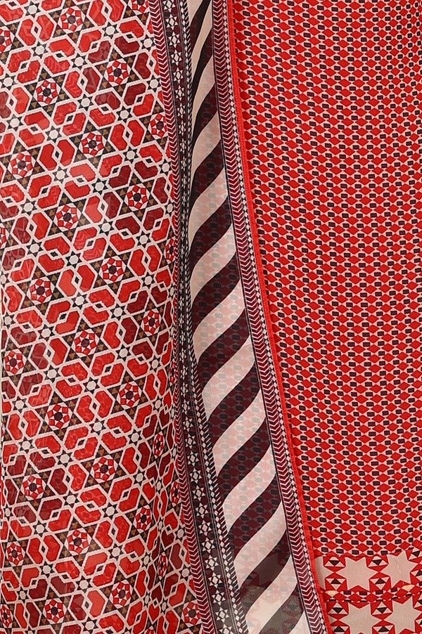 Rust Red Geometric Printed Embroidered Flared Kurta, Pants And Dupatta Set