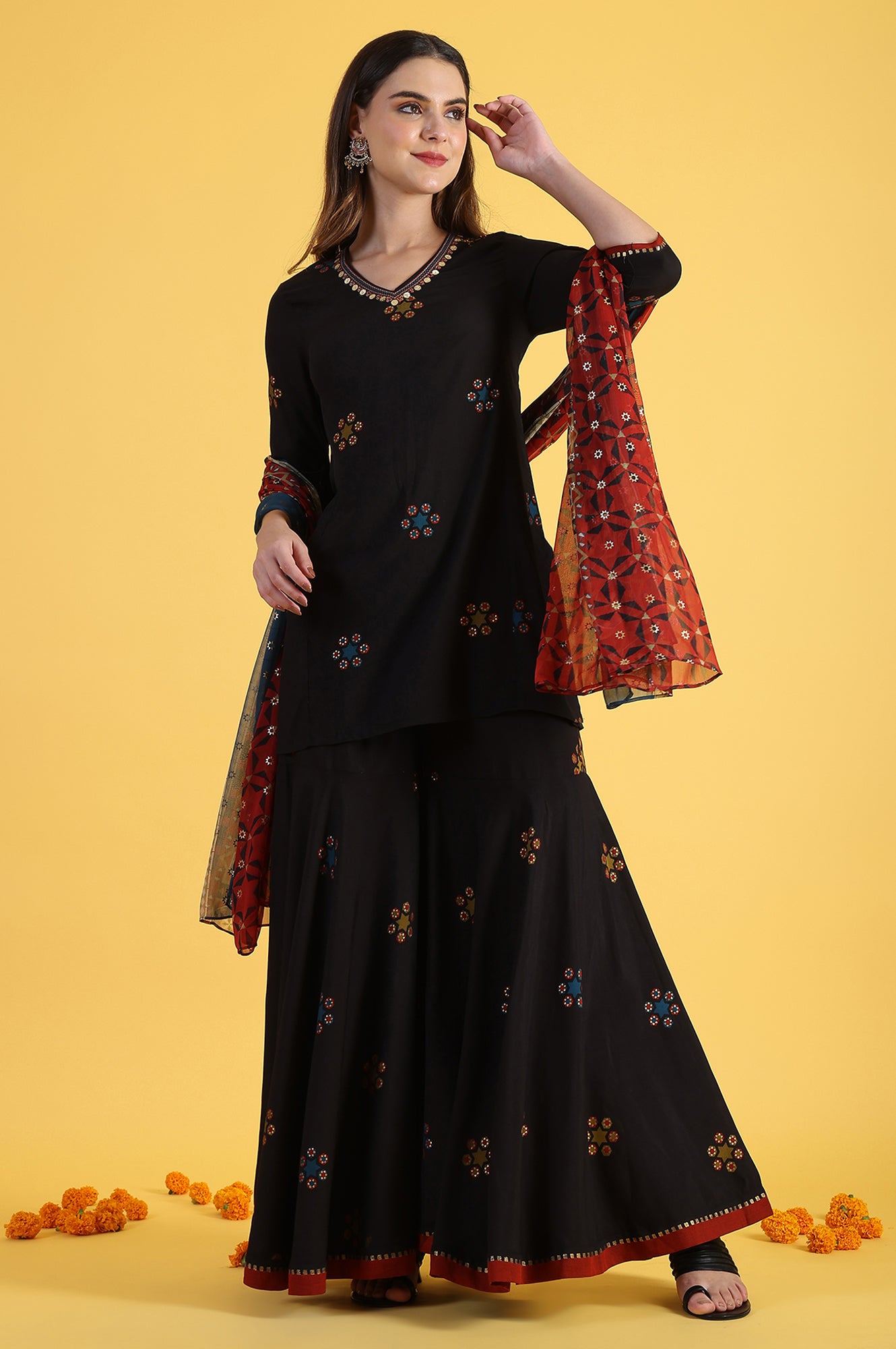 Black Printed Metallic Embroidery Straight Kurta &amp; Sharara with Dupatta Set