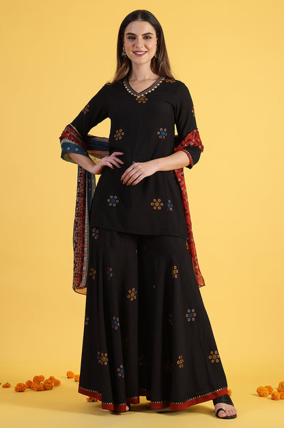 Black Printed Metallic Embroidery Straight Kurta &amp; Sharara with Dupatta Set