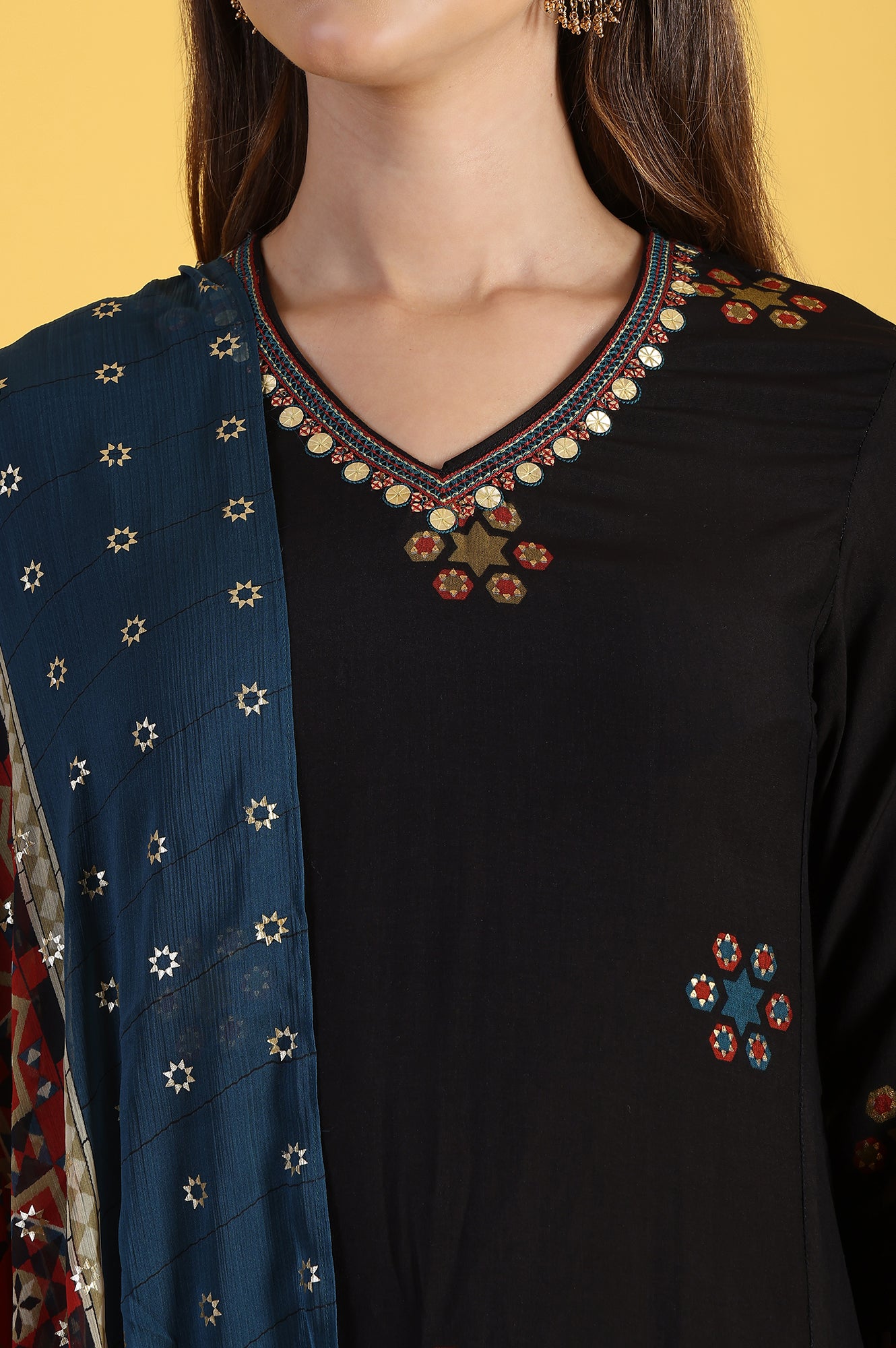 Black Printed Metallic Embroidery Straight Kurta &amp; Sharara with Dupatta Set