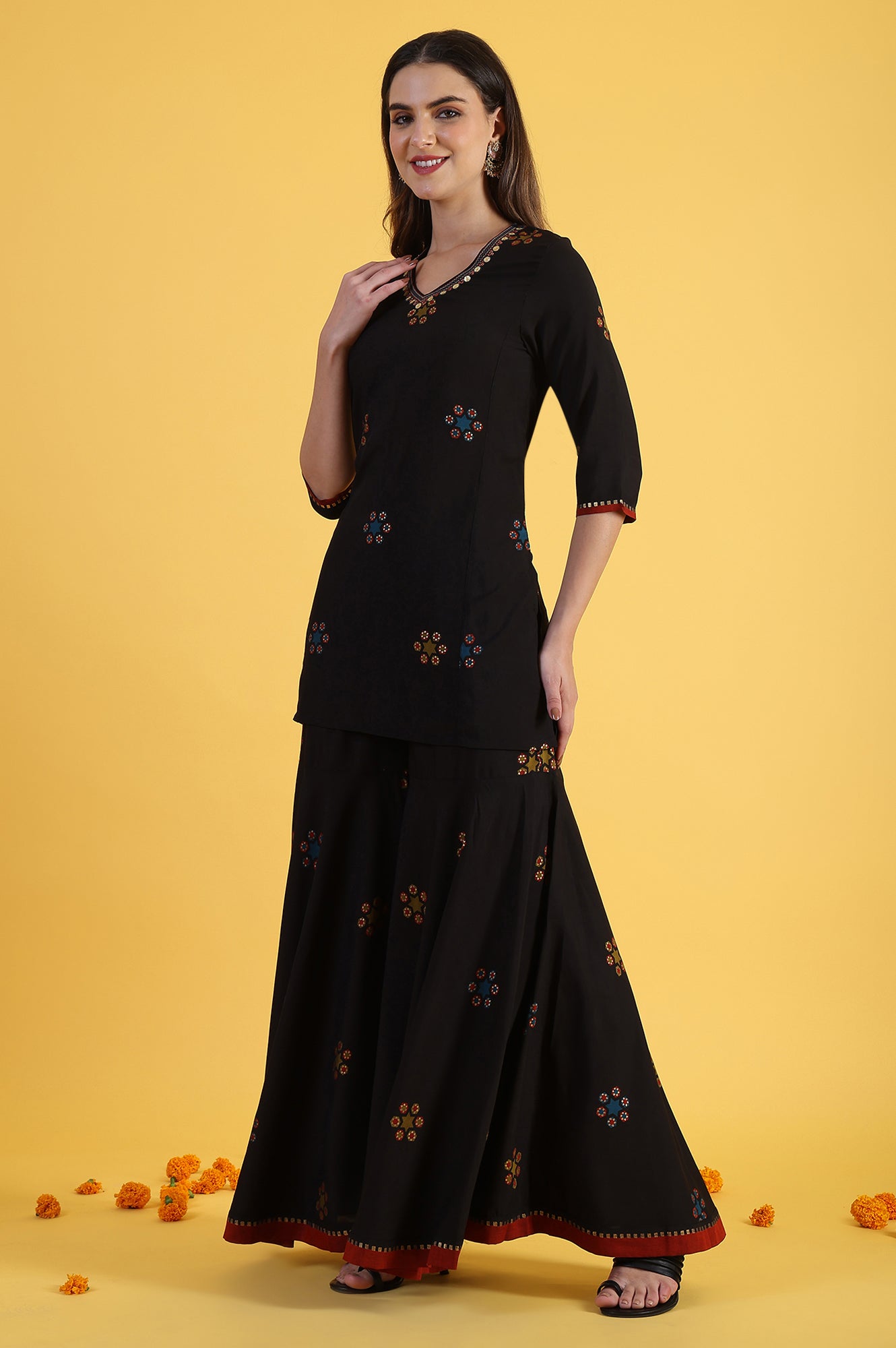 Black Printed Metallic Embroidery Straight Kurta &amp; Sharara with Dupatta Set