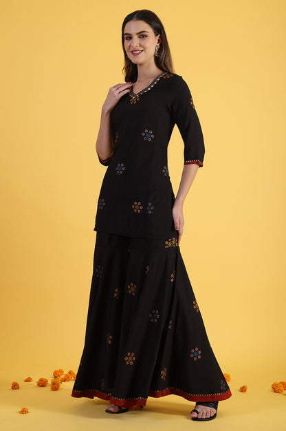 Black Printed Metallic Embroidery Straight Kurta &amp; Sharara with Dupatta Set