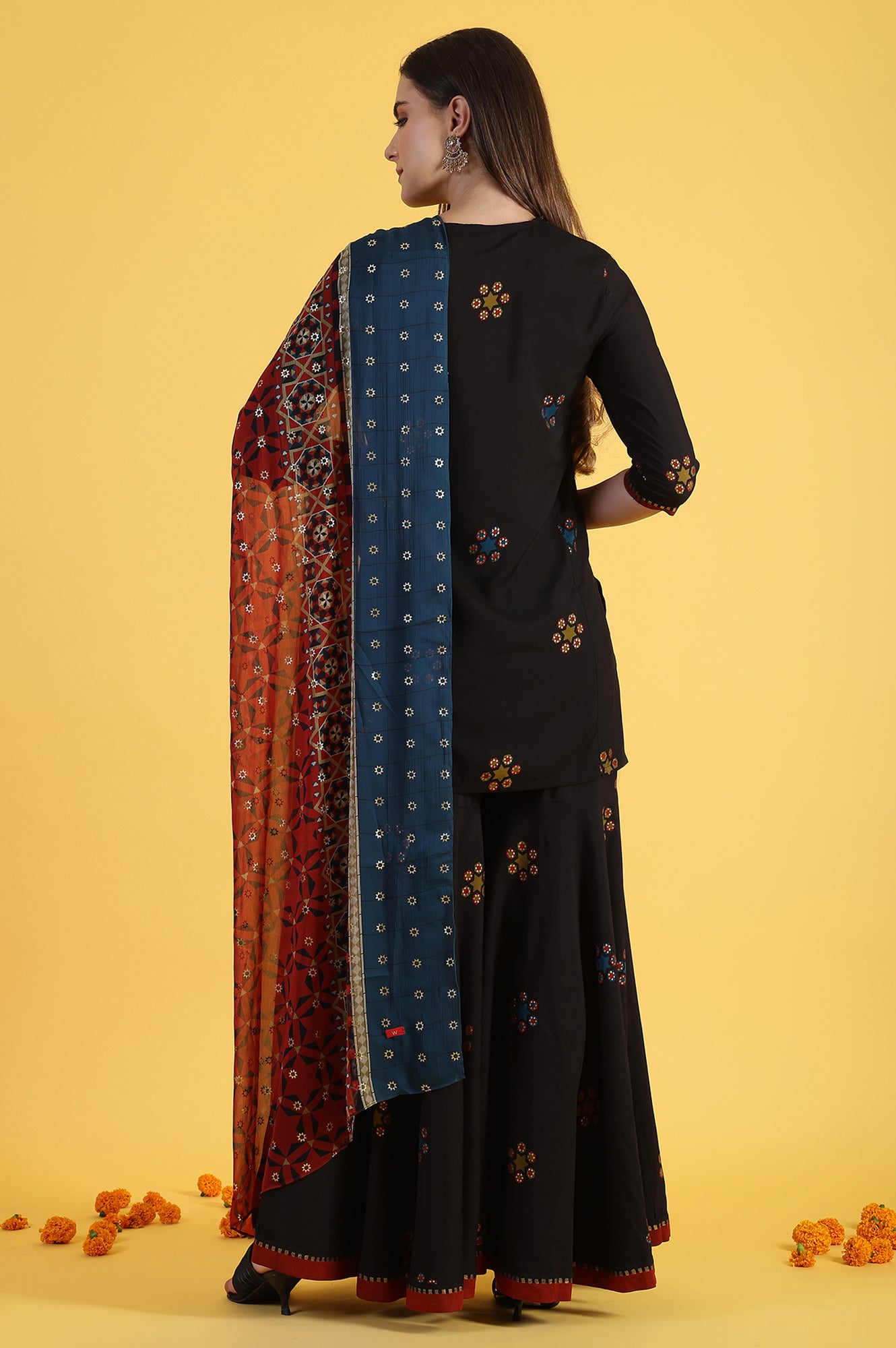 Black Printed Metallic Embroidery Straight Kurta &amp; Sharara with Dupatta Set