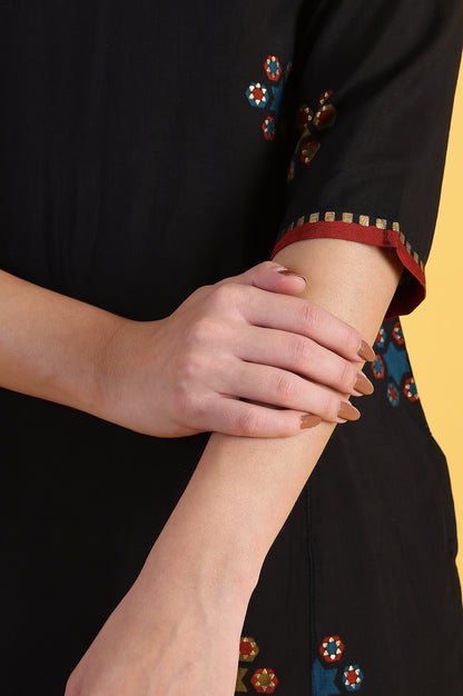 Black Printed Metallic Embroidery Straight Kurta &amp; Sharara with Dupatta Set