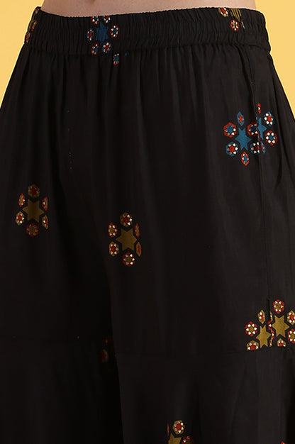 Black Printed Metallic Embroidery Straight Kurta &amp; Sharara with Dupatta Set