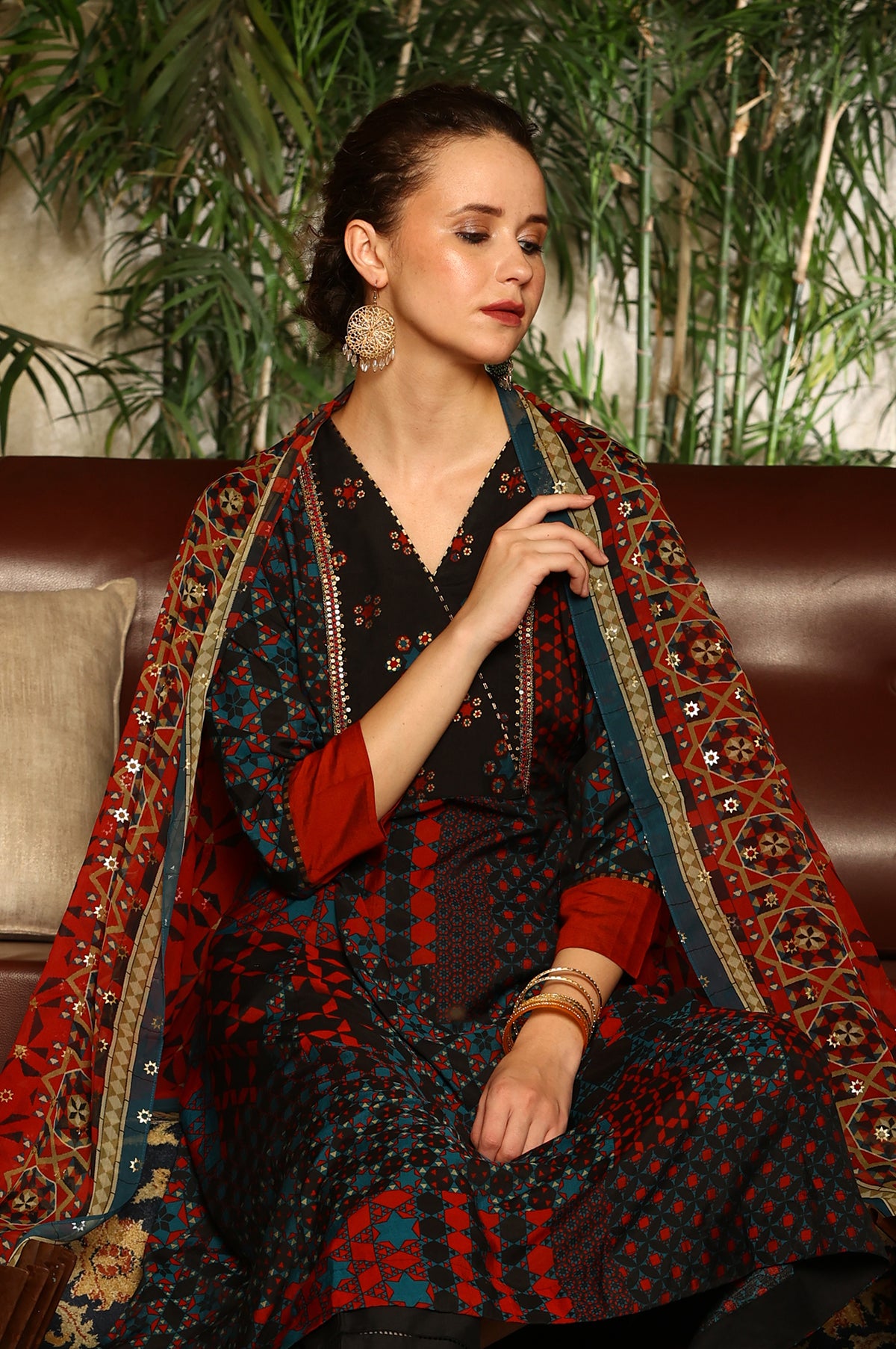 Black Multi-Coloured Patch Printed Metallic Embroidered A-Line Kurta, Pants And Dupatta Set - XS