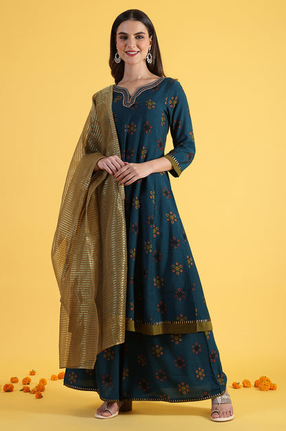 Blue Printed Sequins Flared Kurta &amp; Flared Pants with Dupatta Set