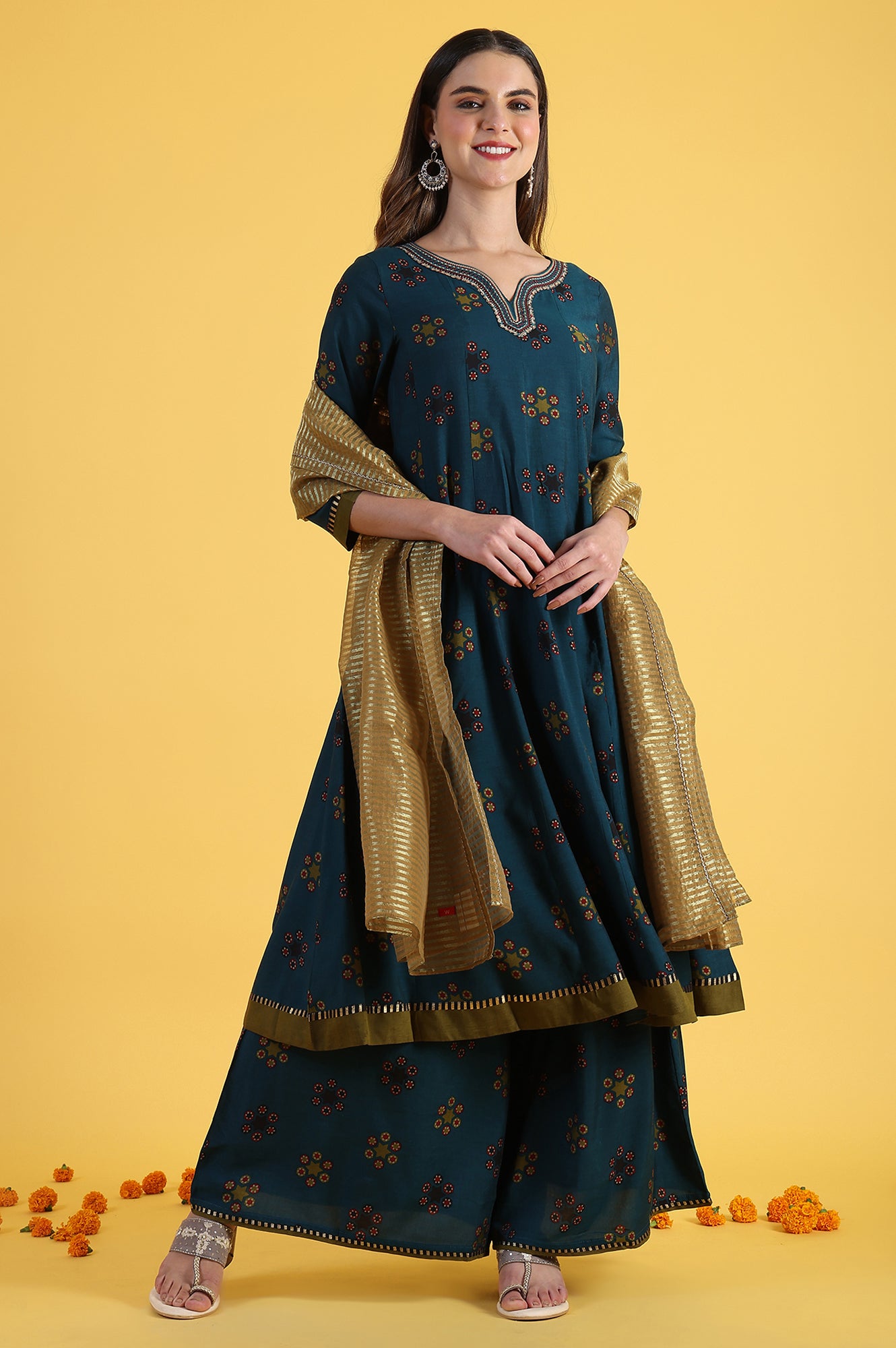 Blue Printed Sequins Flared Kurta &amp; Flared Pants with Dupatta Set