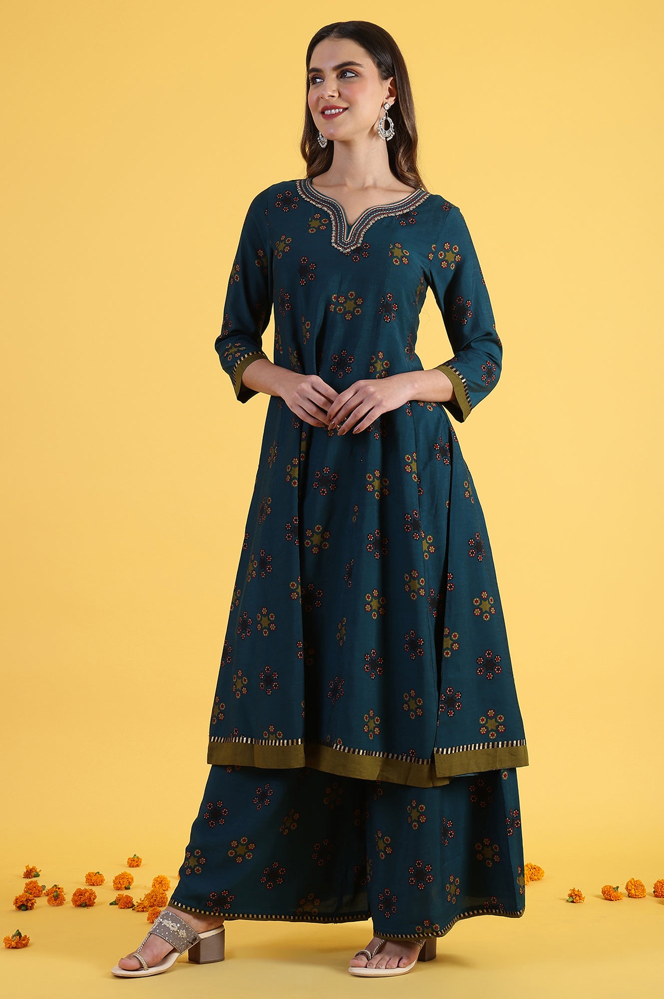 Blue Printed Sequins Flared Kurta &amp; Flared Pants with Dupatta Set