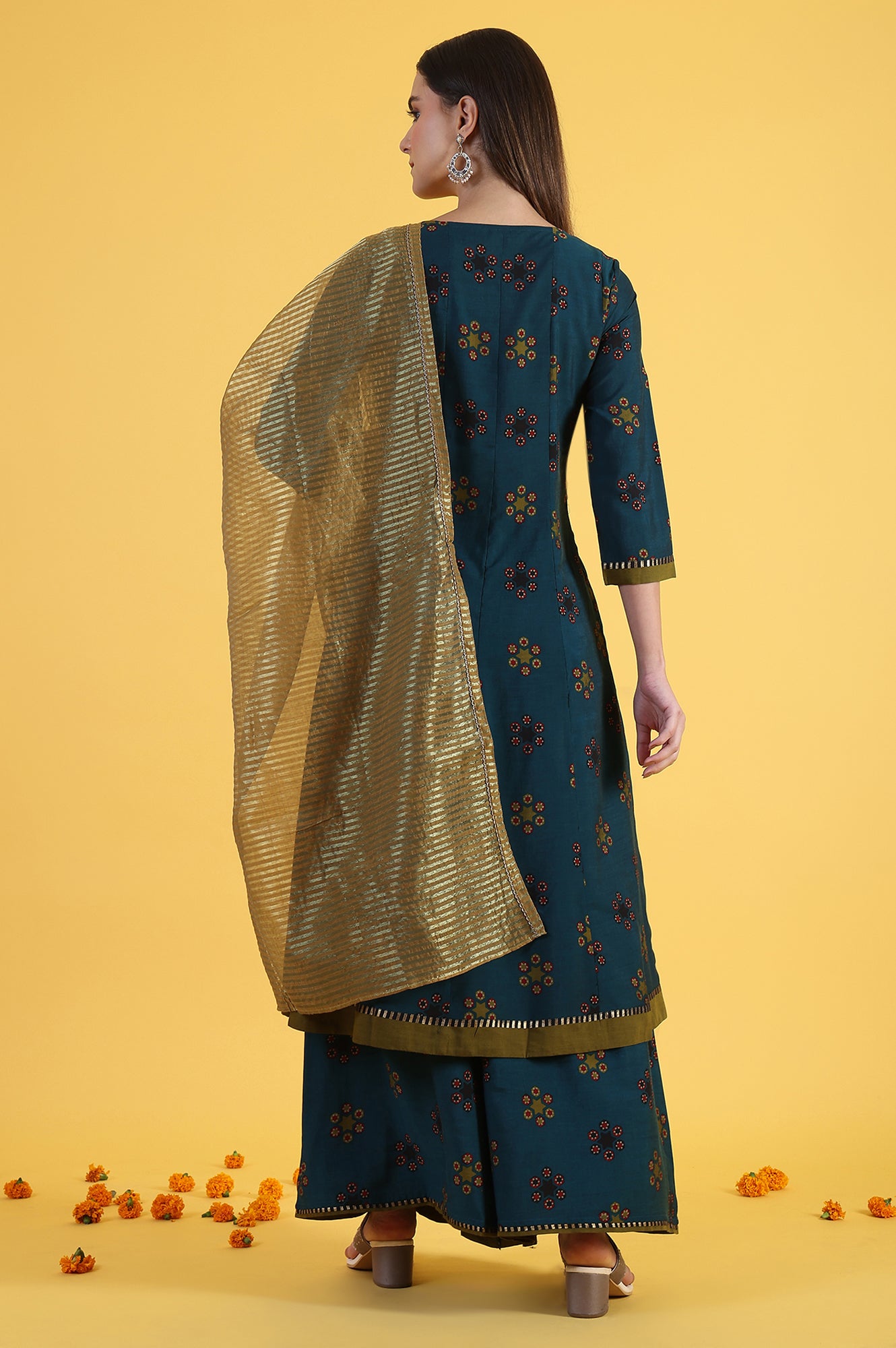 Blue Printed Sequins Flared Kurta &amp; Flared Pants with Dupatta Set