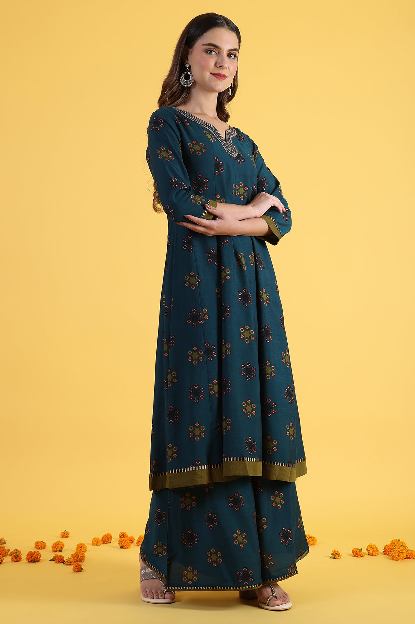 Blue Printed Sequins Flared Kurta &amp; Flared Pants with Dupatta Set