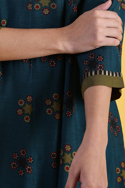 Blue Printed Sequins Flared Kurta &amp; Flared Pants with Dupatta Set