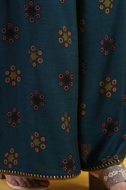 Blue Printed Sequins Flared Kurta &amp; Flared Pants with Dupatta Set